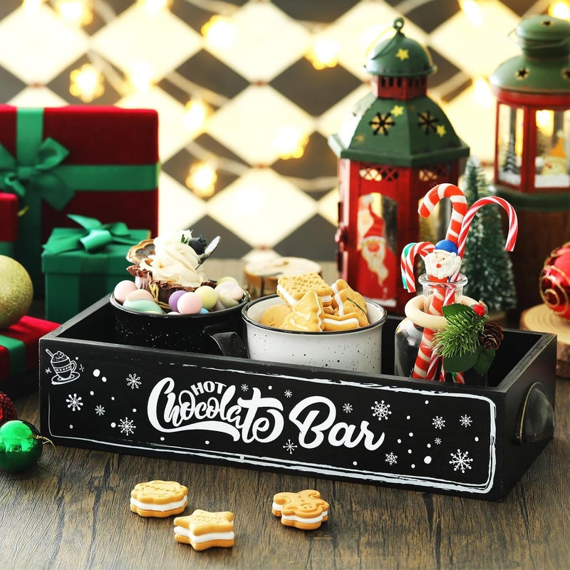 Soaoo Christmas Hot Cocoa Bar Wood Storage Box Cocoa Decorative Organizer Christmas Basket Organizer Bins Xmas Open Holder Box for Home Kitchen Office Holiday Gift(Black, White,Snowflake) - Image 2